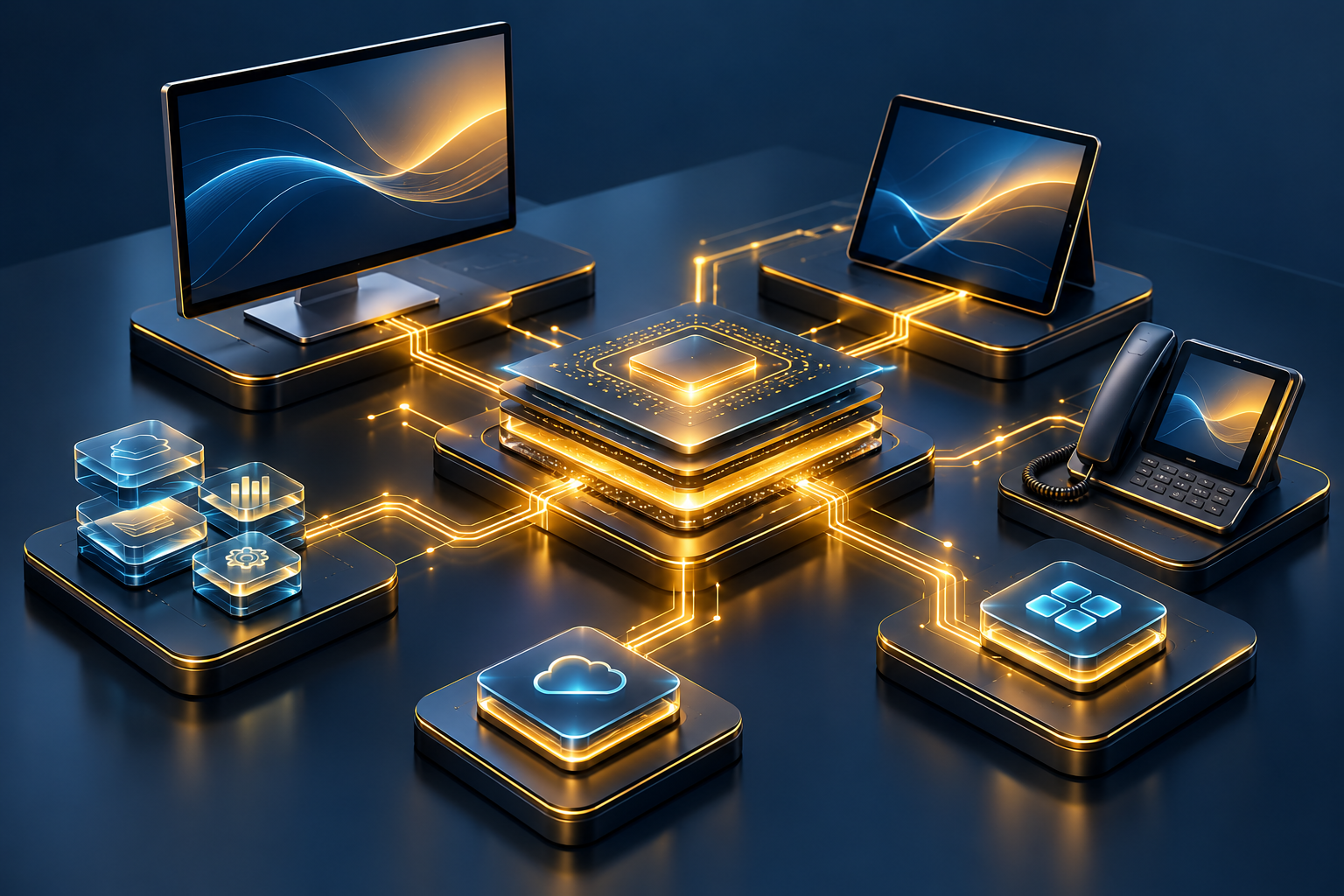 AI-generated illustration of intelligent circuitry connecting business applications and devices