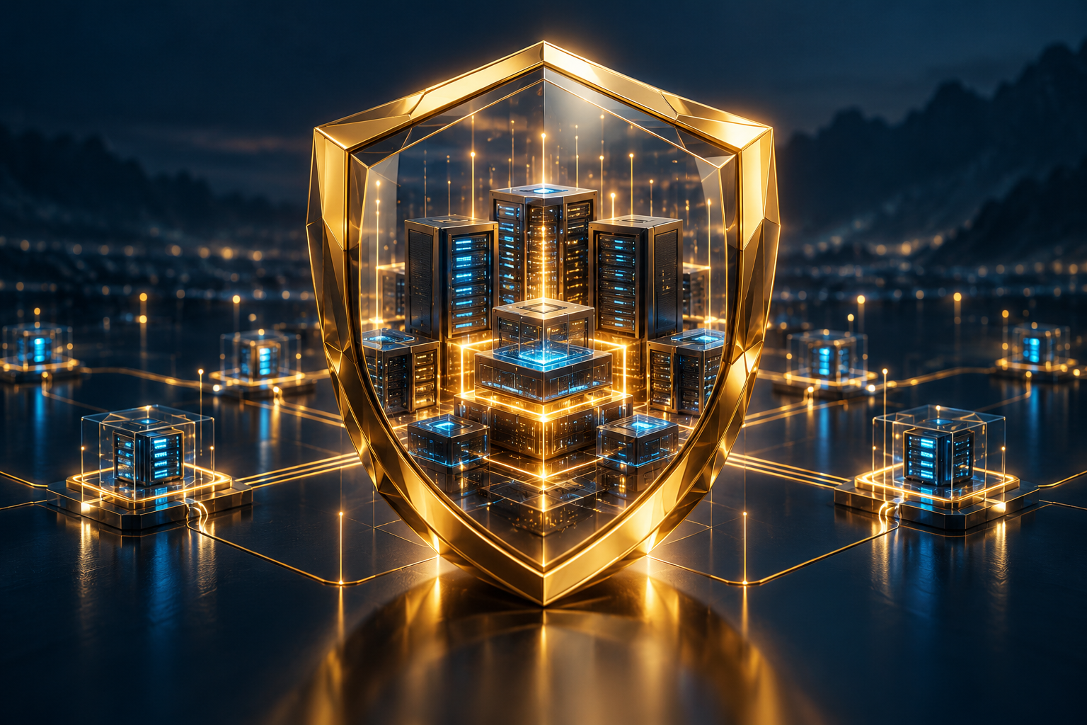 AI-generated illustration of a protective shield surrounding business data infrastructure