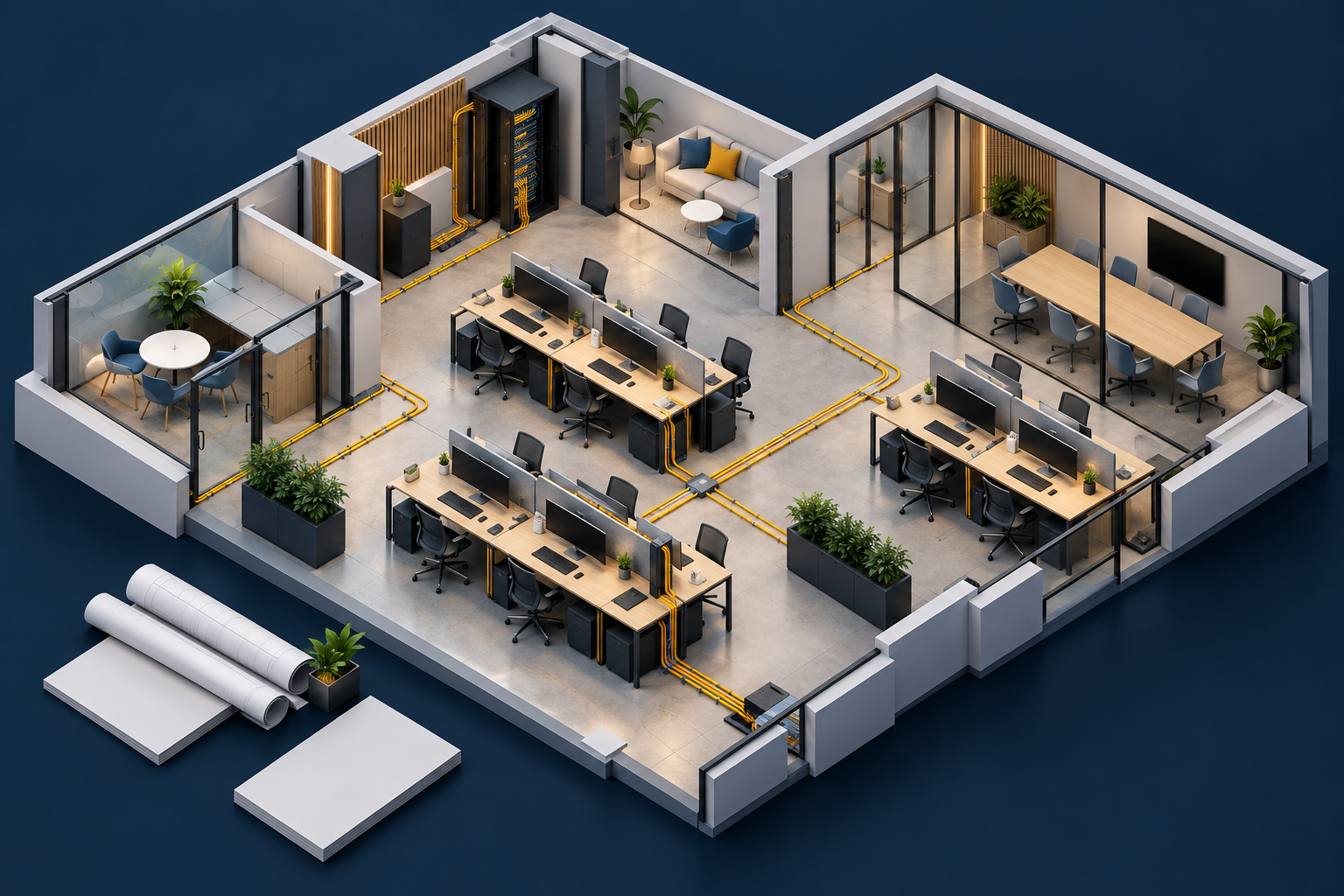 AI-generated illustration of an office technology installation with workstations and network connections