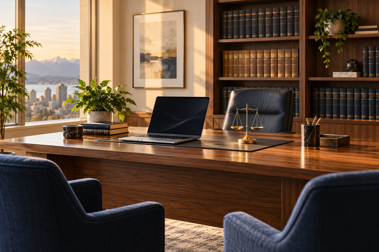 AI-generated illustration of a law office with legal books and a business laptop