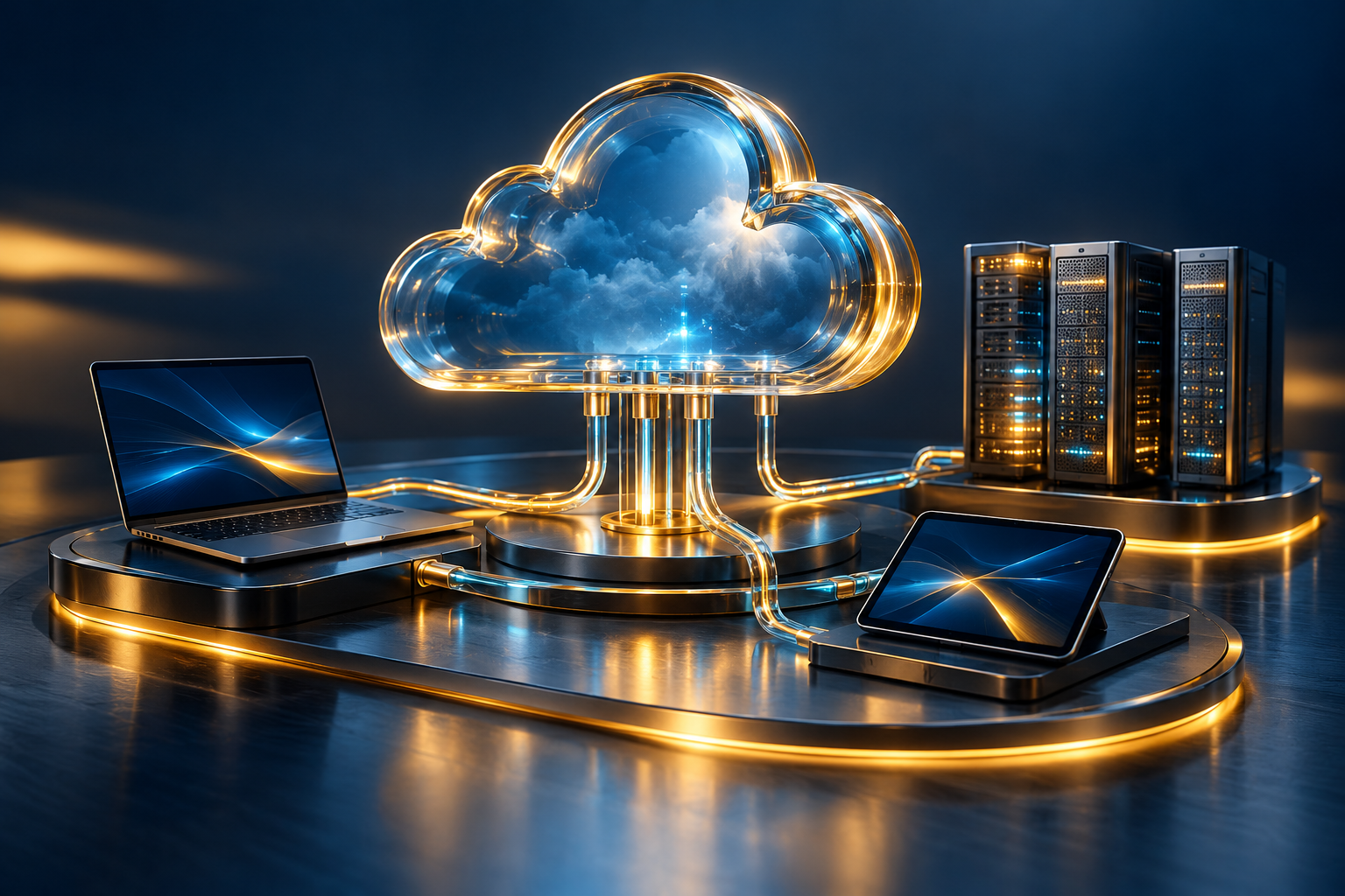 AI-generated illustration of cloud computing connected to business laptops, tablets and servers