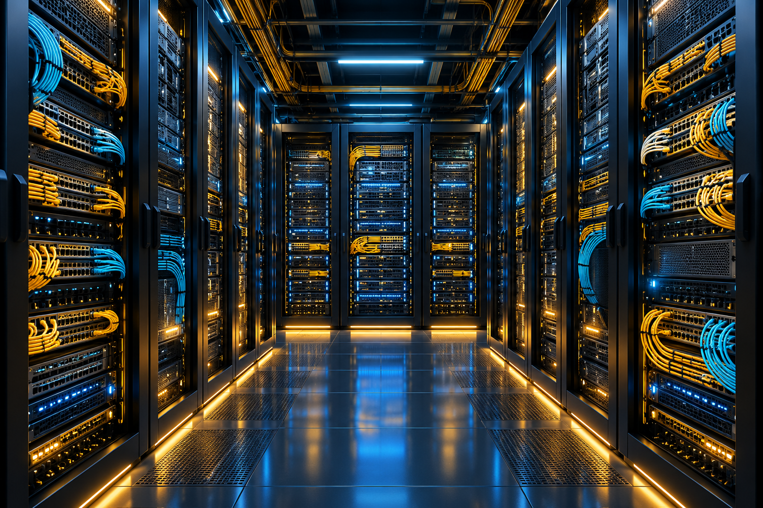 AI-generated illustration of server racks and connected network switches