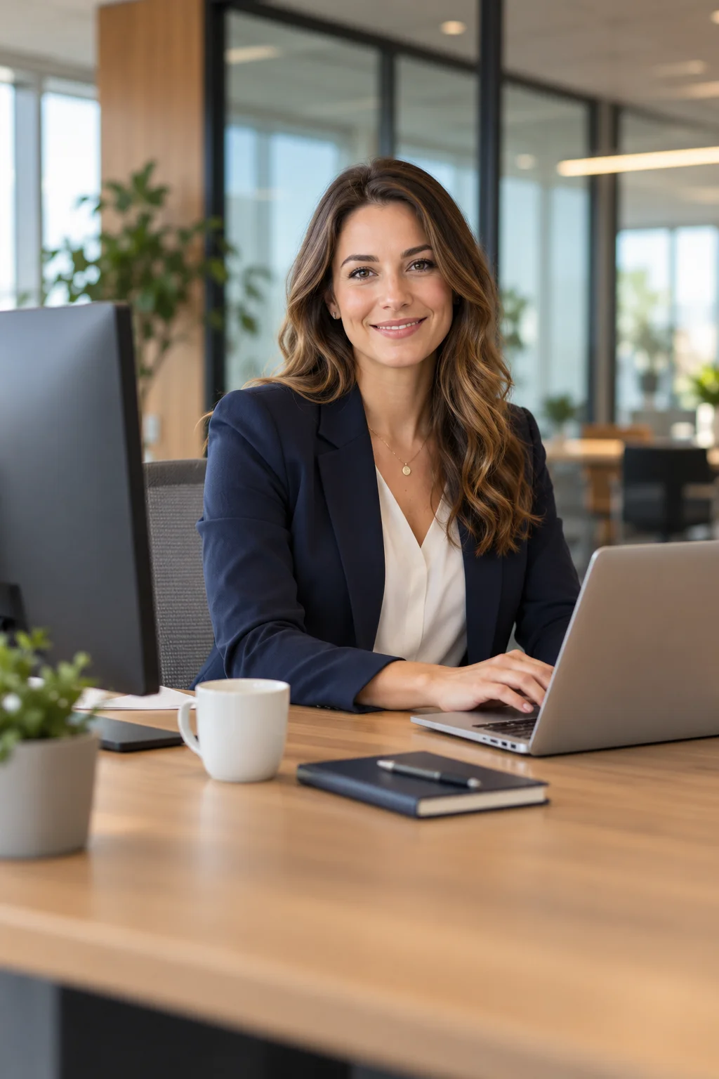 Illustrative office scene with a businesswoman working at a laptop in a modern workplace