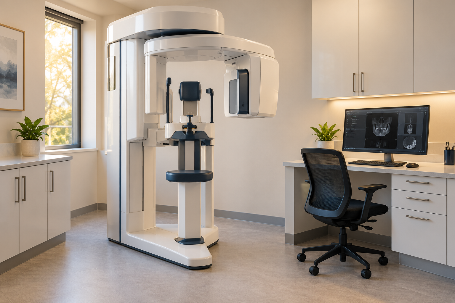 AI-generated illustration of an oral surgery imaging room with a CT scanner and diagnostic workstation