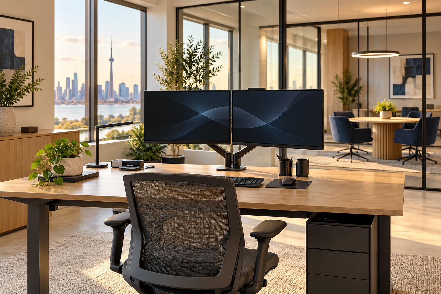 AI-generated illustration of a professional office with computer workstations and a meeting area