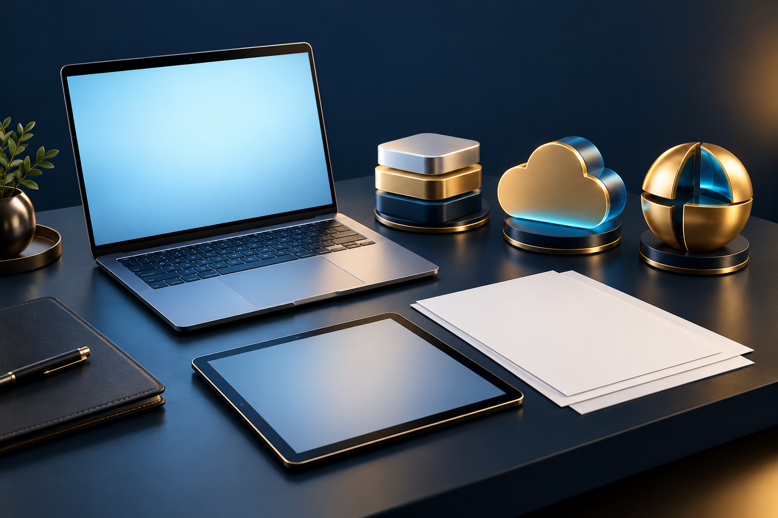 AI-generated illustration of a desk for planning IT support and technology services