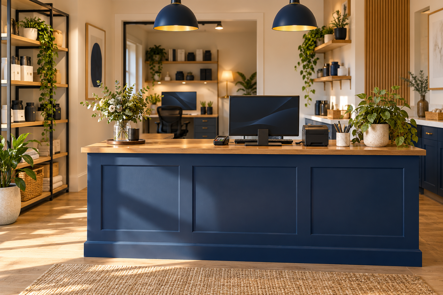 AI-generated illustration of a small business workspace with connected computers and devices